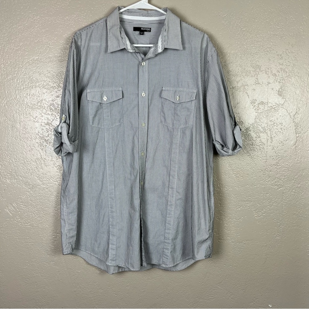 5 for $30 Murano‎ men short sleeve bottoms down navy blue white striped shirt XL